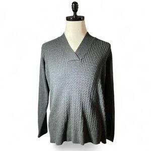 Jeanne Pierre Woman Gray Ribbed V Neck Sweater Plus‎ Size 2X Cotton Blend Preppy